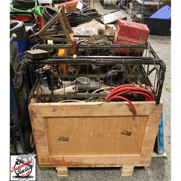 CRATE OF ASSORTED CAR PARTS, TOOLS & MORE