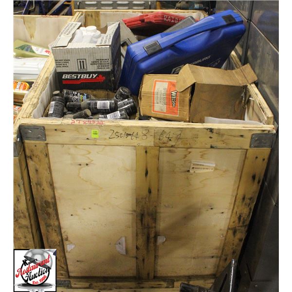 CRATE OF ASSORTED AUTOMOTIVE FLUIDS, PARTS & TOOLS