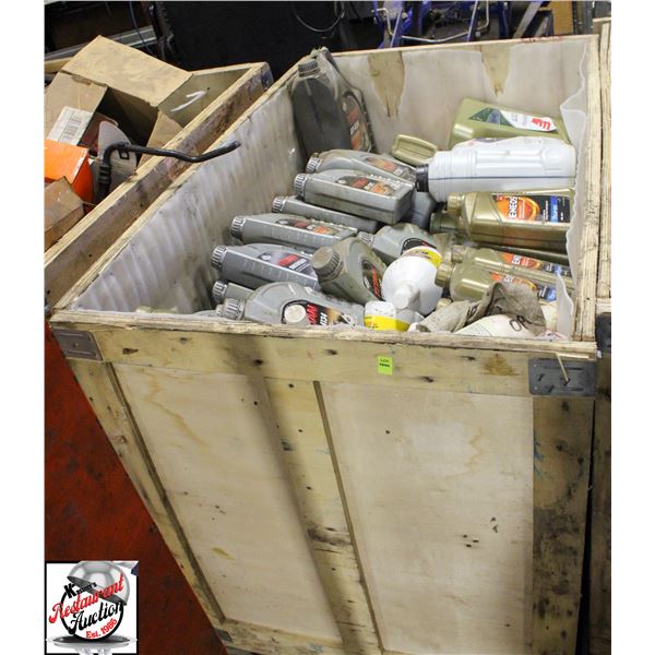 CRATE OF ASSORTED AUTOMOTIVE FLUIDS