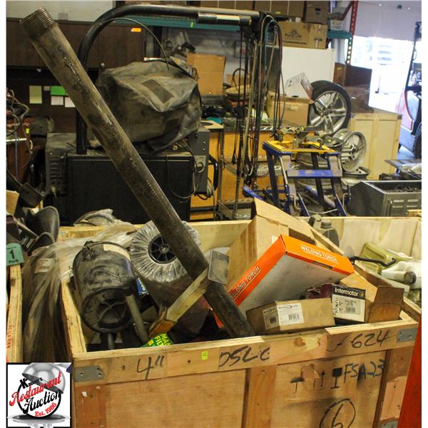 CRATE OF ASSORTED CAR PARTS & TOOLS