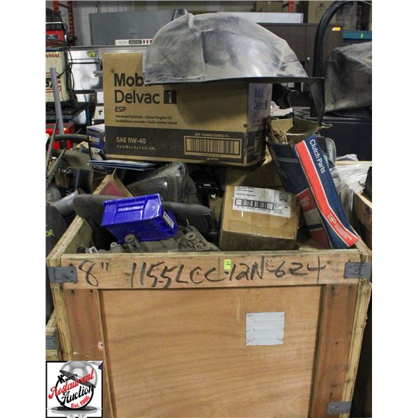 CRATE OF ASSORTED CAR PARTS & TOOLS