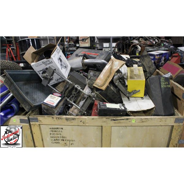 CRATE OF ASSORTED CAR PARTS & TOOLS