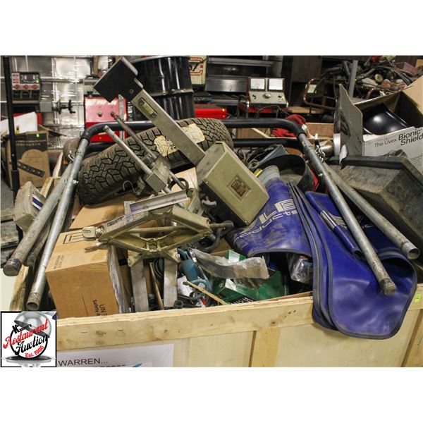 CRATE OF ASSORTED CAR PARTS & TOOLS