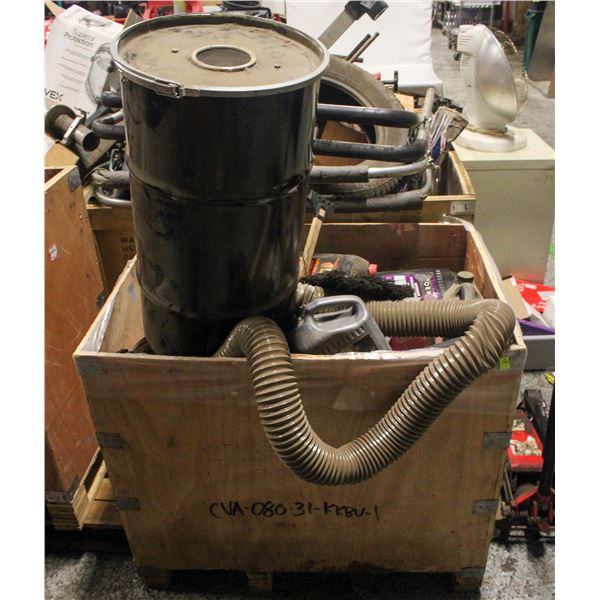 CRATE OF ASSORTED AUTOMOTIVE FLUIDS,TOOLS
