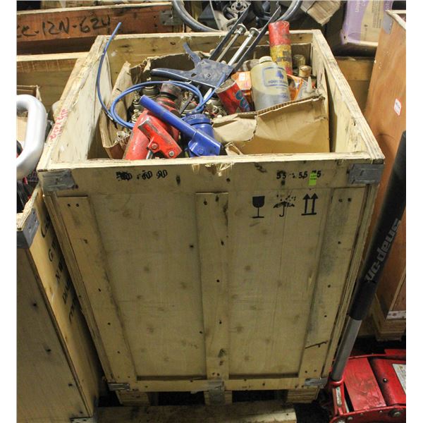 CRATE OF ASSORTED AUTOMOTIVE FLUIDS, TOOLS & PARTS