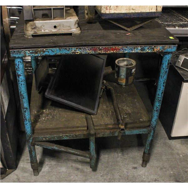 PLYWOOD TOP WORK PLATFORM W/ BOTTOM SHELF CONTENTS