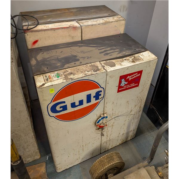 GULF OIL STACKING METAL WALL CABINET W/ CONTENTS