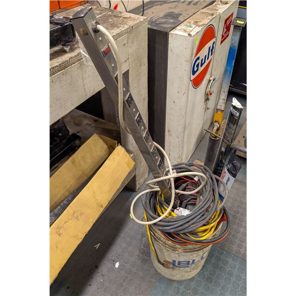 PAIL OF ASSORTED TOOLS & CORDS