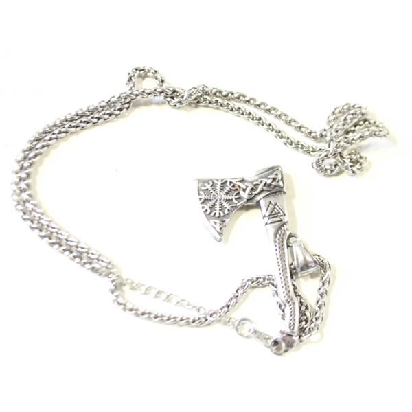 THICK SILVER TONE CHAIN WITH TOMAHAWK AXE CHARM