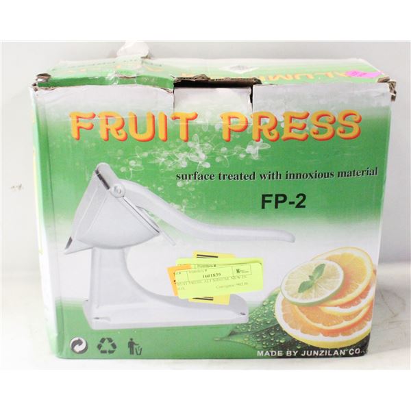 FRUIT PRESS. ALUMINUM. NEW IN BOX.