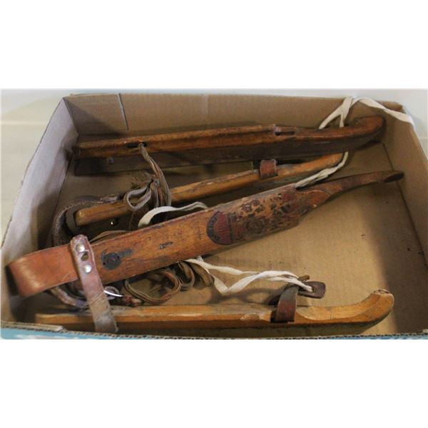 2 SETS ANTIQUE WOODEN LEATHER SKATES