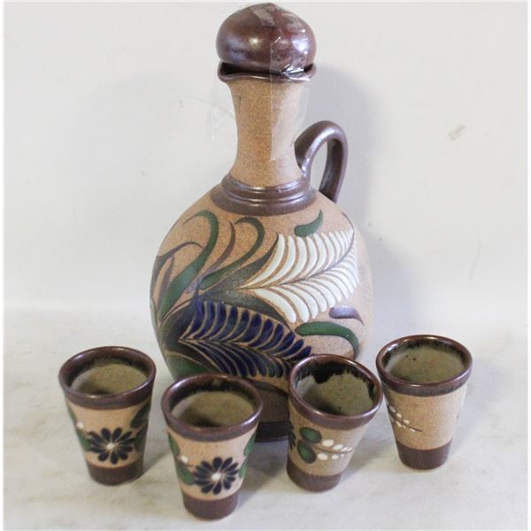 TONALA POTTERY DECANTER WITH STOPPER AND 4