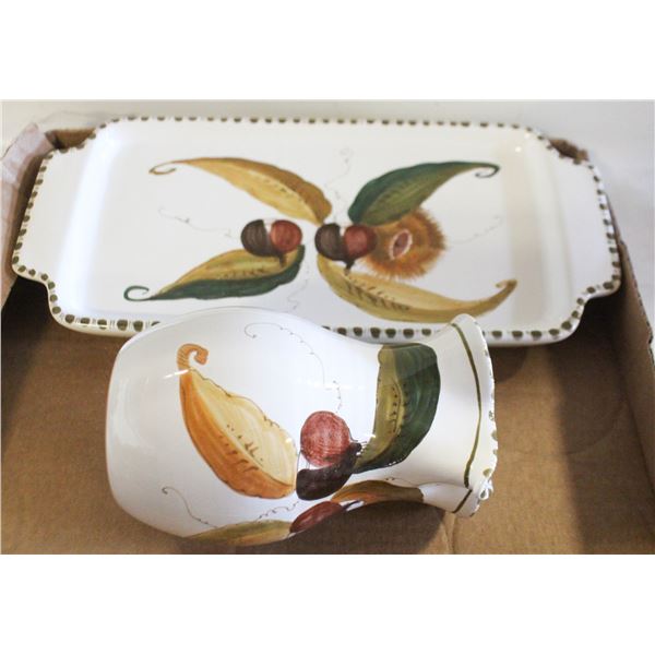 ITALIAN MAJOLICA PITCHER AND TRAY WITH CHESTNUTS