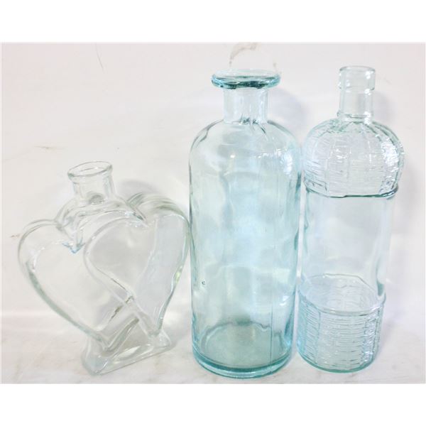 3 VINTAGE GREEN GLASS BOTTLES