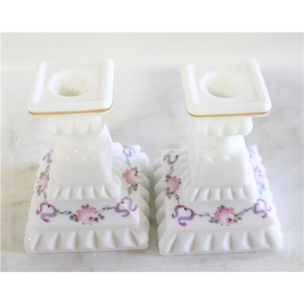 PAIR OF WESTMORELAND HAND PAINTED MILK GLASS