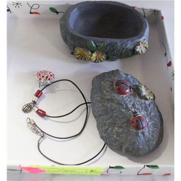 LADYBUG PIN / NECKLACE & STONE BOX