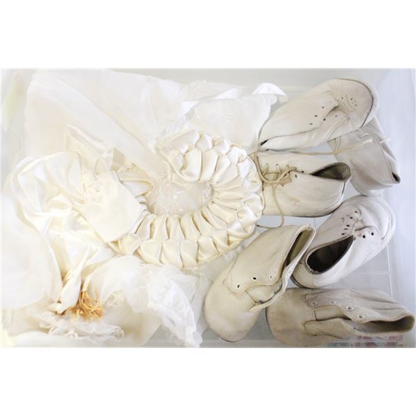 VINTAGE LEATHER BABY SHOES & DRESS/HEADPIECE
