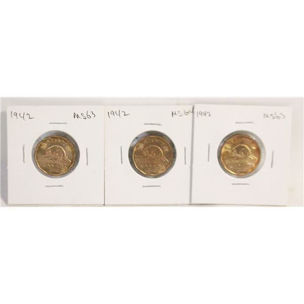 THREE 1942 CANADA WWII TOMBAC NICKELS