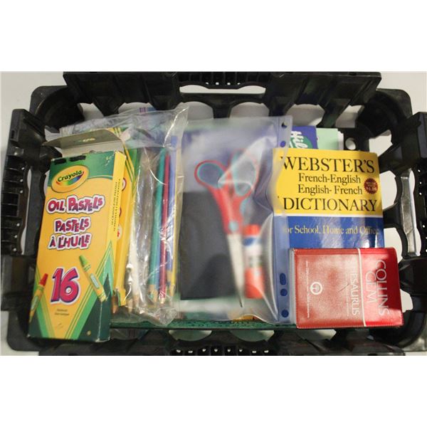 LOT OF SCHOOL SUPPLIES. BOOKS, DICTIONARY,