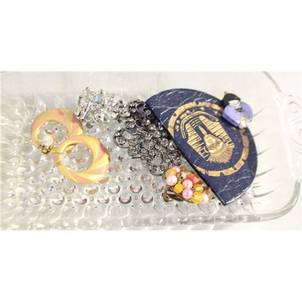 GLASS TRAY WITH ASSORTED JEWELERY