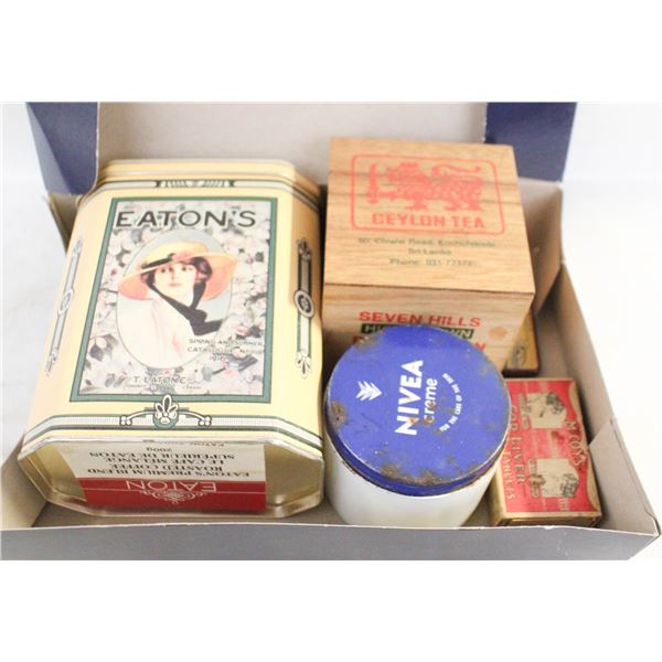 VINTAGE/ANTIQUE TINS/JARS IN OLD EATONS BOX
