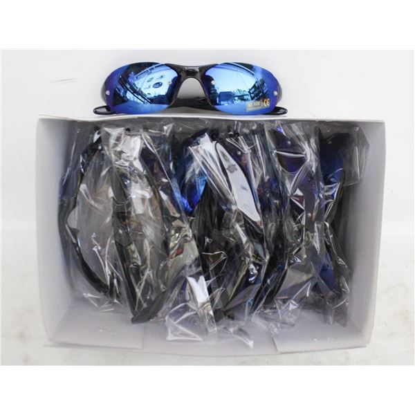BOX OF 10 NEW UV 400 BLACK WITH ROYAL BLUE LENS