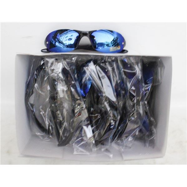 BOX OF 10 NEW UV 400 BLACK WITH ROYAL BLUE LENS