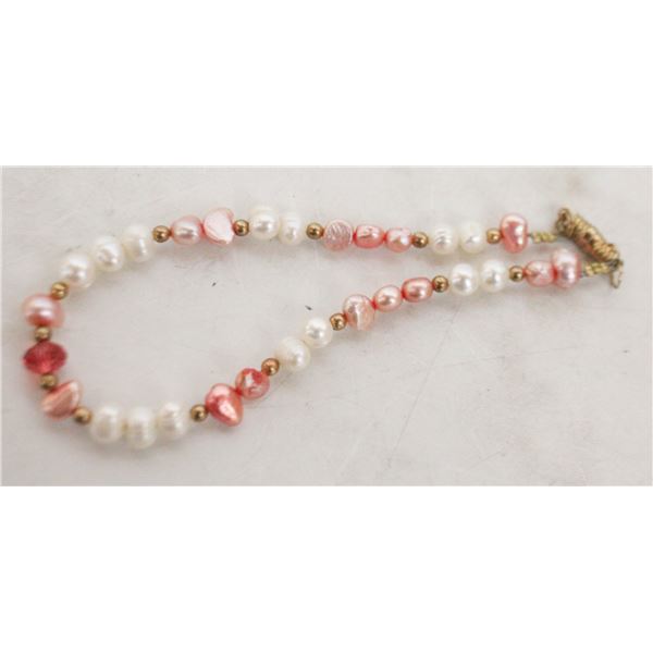 GENUINE WHITE AND PINK PEARL & GOLD TONE BRACELET