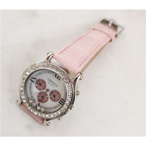 LADIES PINK GENEVA QUARTZ RHINESTONE ENCRUSTED