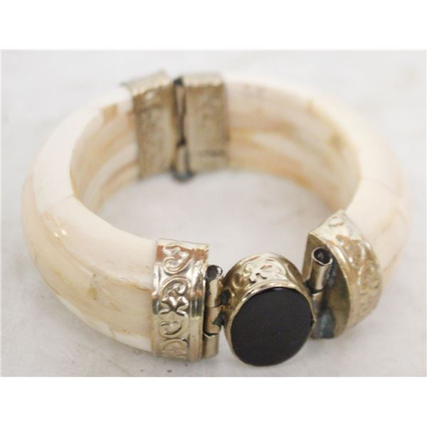 VINTAGE CARVED BONE AND BRASS TRIBAL-STYLE HINGE