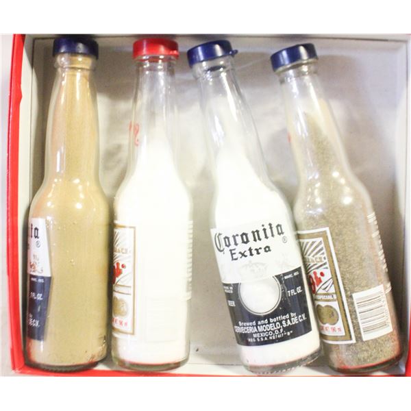 2 SETS OF CORONA BOTTLE SALT AND PEPPER SHAKERS