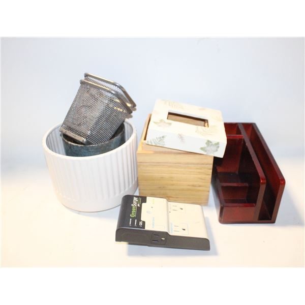 DECOR: WOOD ORGANZER, TISSUE HOLDER, VASE ETC