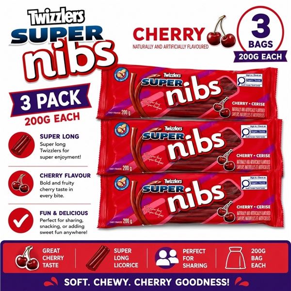 3 TWIZZLERS SUPER NIBS CHERRY 200G BB 06/26