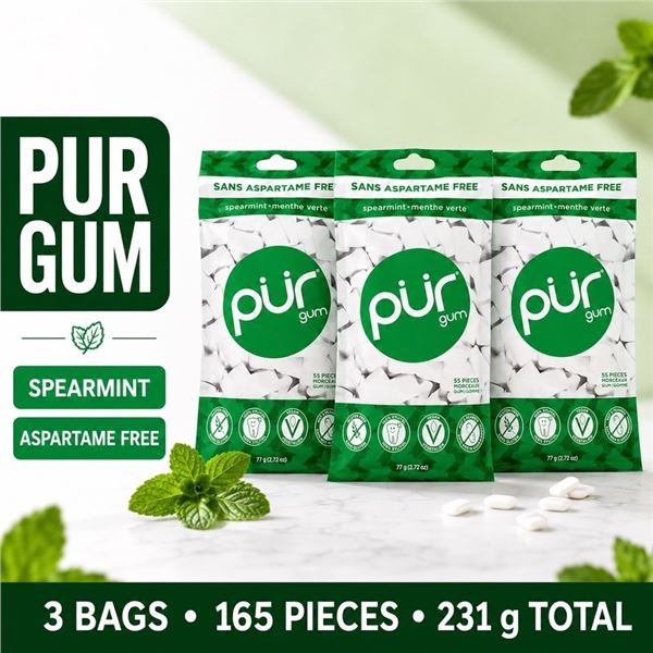 3 PUR GUM SPEARMINT 55-PIECE BAGS BB 05/28
