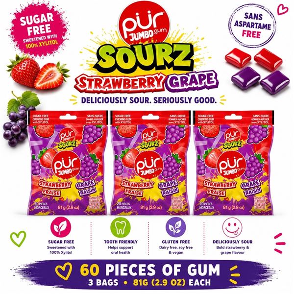 3 PUR JUMBO GUM SOURZ STRAWBERRY GRAPE 81G