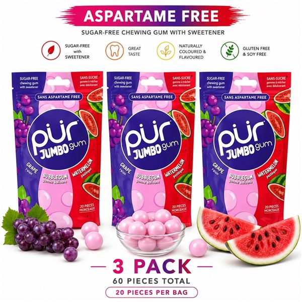 3 PUR JUMBO GUM GRAPE BUBBLEGUM WATERMELON 81G