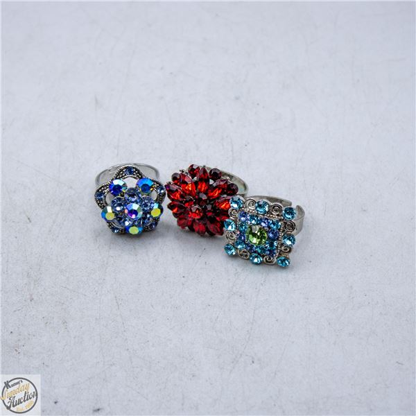 3 RHINESTONE RINGS ADJUSTABLE