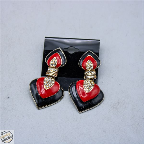 VINTAGE RED & BLACK ENAMEL RHINESTONE EARRINGS