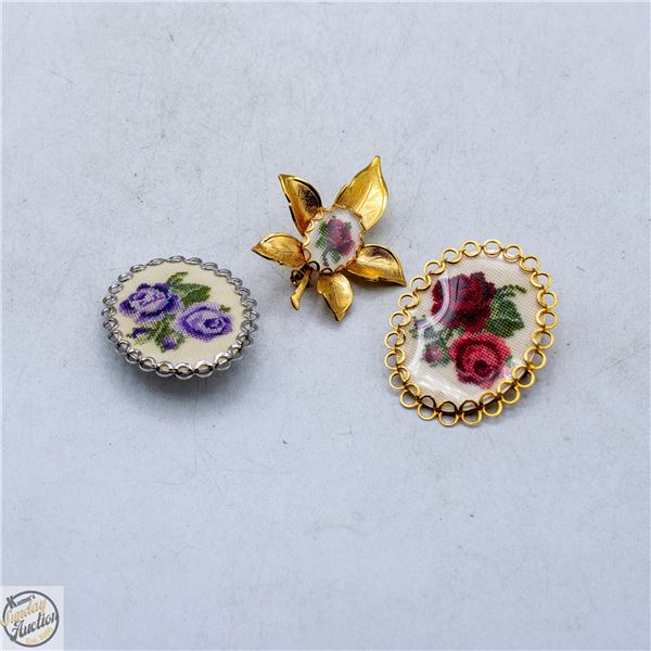3 LADIES NEEDLE POINT BROOCHES VINTAGE