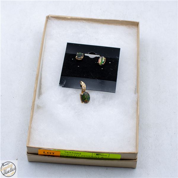 14K GOLD AMMOLITE PENDANT & EARRING SET WITH