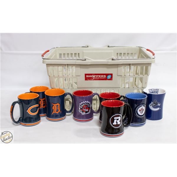 SHOPPING BASKET WITH 8 NEW SPORTS MUGS