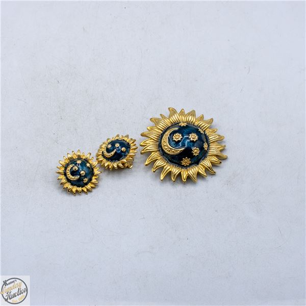 BLUE ENAMEL SUN AND MOON BROOCH & CLIP ON