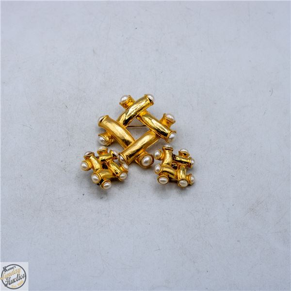 VINTAGE GOLD TONE GEOMETRIC BROOCH & CLIP ON