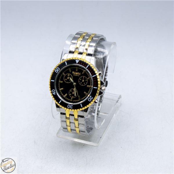 MENS ROSRA QUARTZ WATCH BLACK BEZEL WITH GOLD-TONE