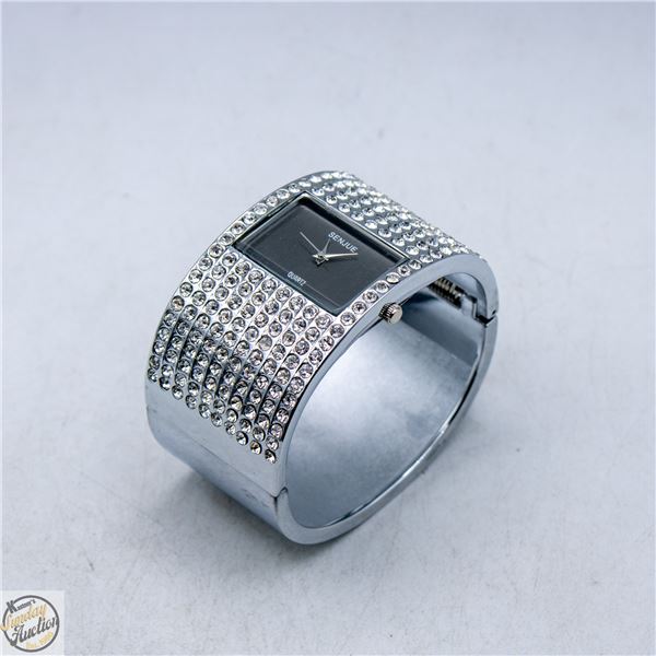 CRYSTAL RHINESTONE SILVER-TONE BANGLE CUFF WATCH