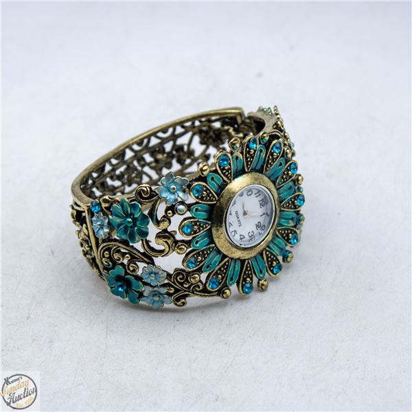 BLUE ORNATE CRYSTAL RHINESTONE BANGLE CUFF WATCH