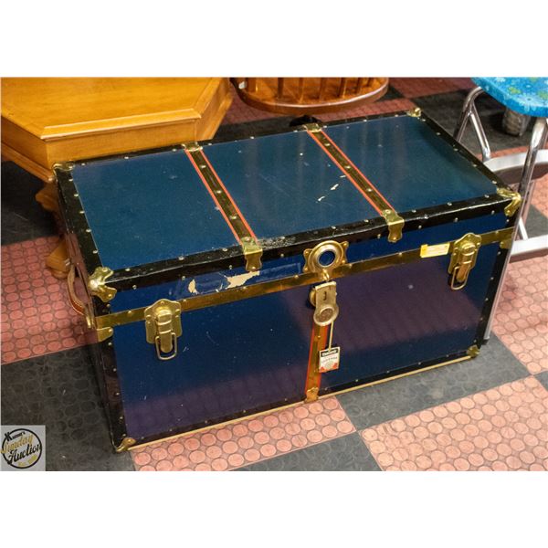 CHRISTIE BLUE & BRASS STEAMER TRUNK/