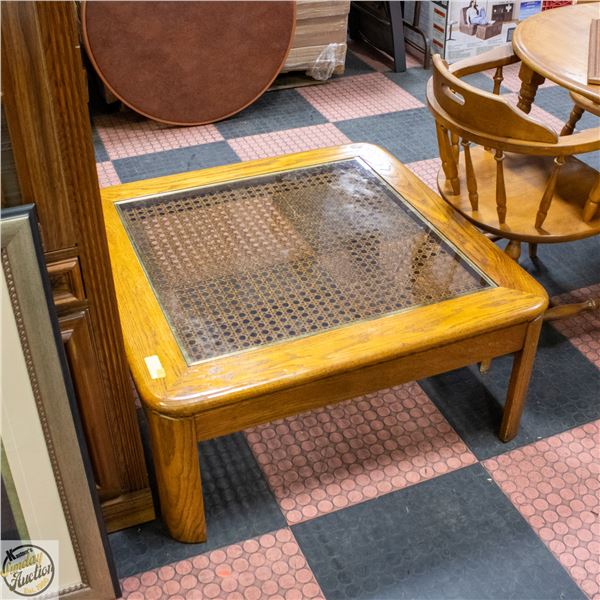 VINTAGE OAK/CANE INLAY COFFEE TABLE- 36 X 36 X 16