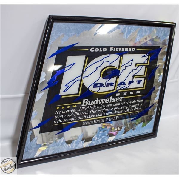 BUDWEISER BEER ICE DRAFT MIRROR SIGN 25" X 22”