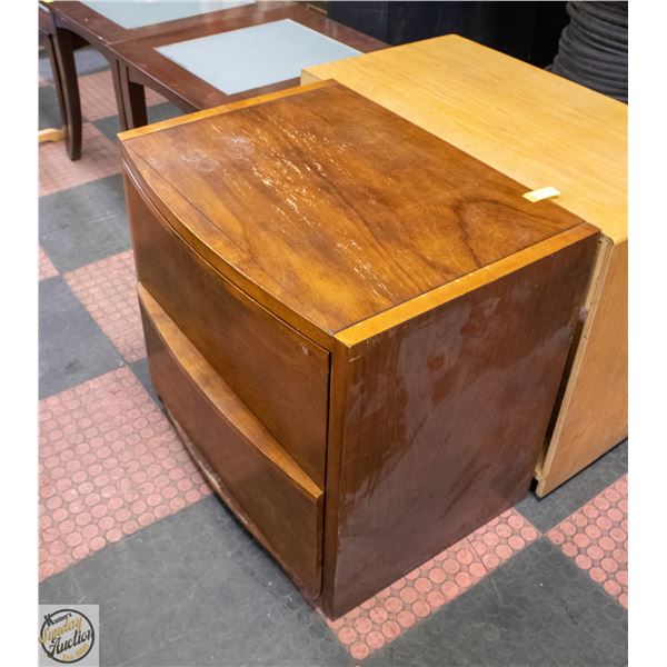 2 DRAWER WOOD OFFICE CABINET AND A WOOD CUBE